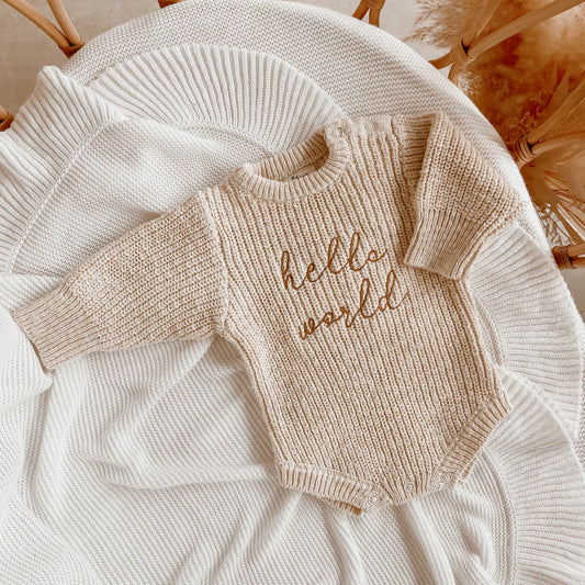 'Hello World" Chunky Knit Romper - Honey